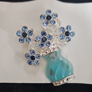 Avon Silver and Blue Floral Brooch